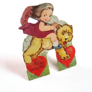 Vintage Valentine Die Cut Stand Up Girl w/ Umbrella Rides Bear Germany 1920s-30s